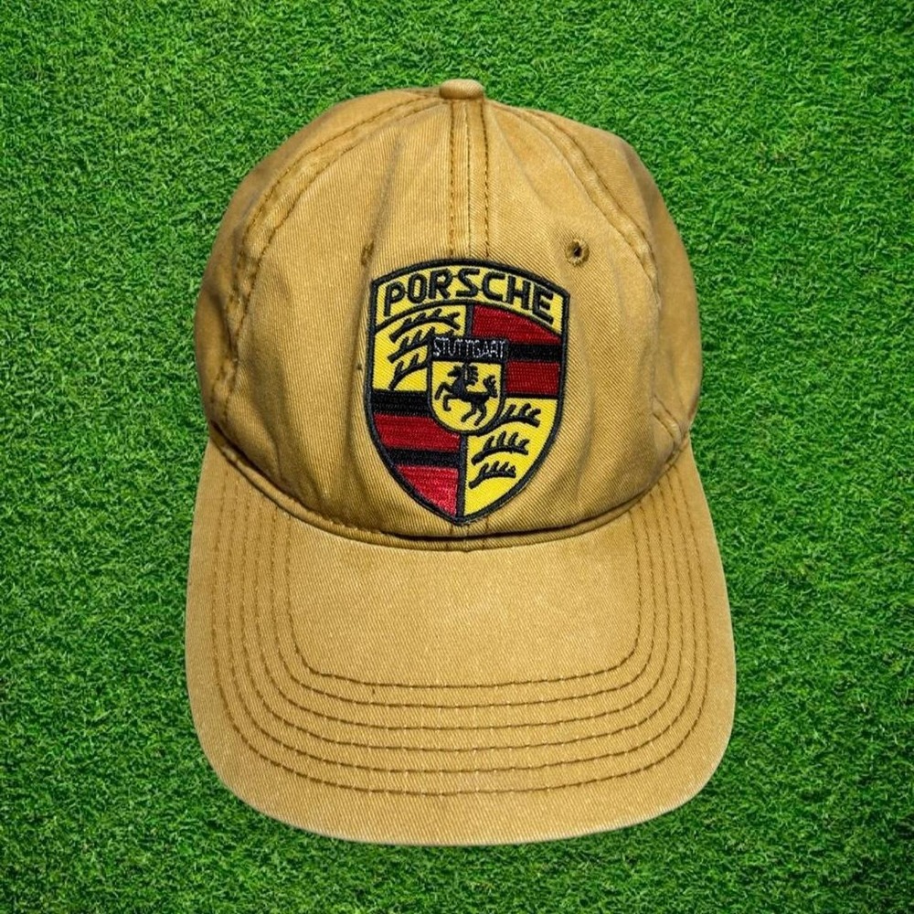 Porsche Vintage Crest Patch Baseball Cap Mustard Yellow Adjustable Strapback Hat